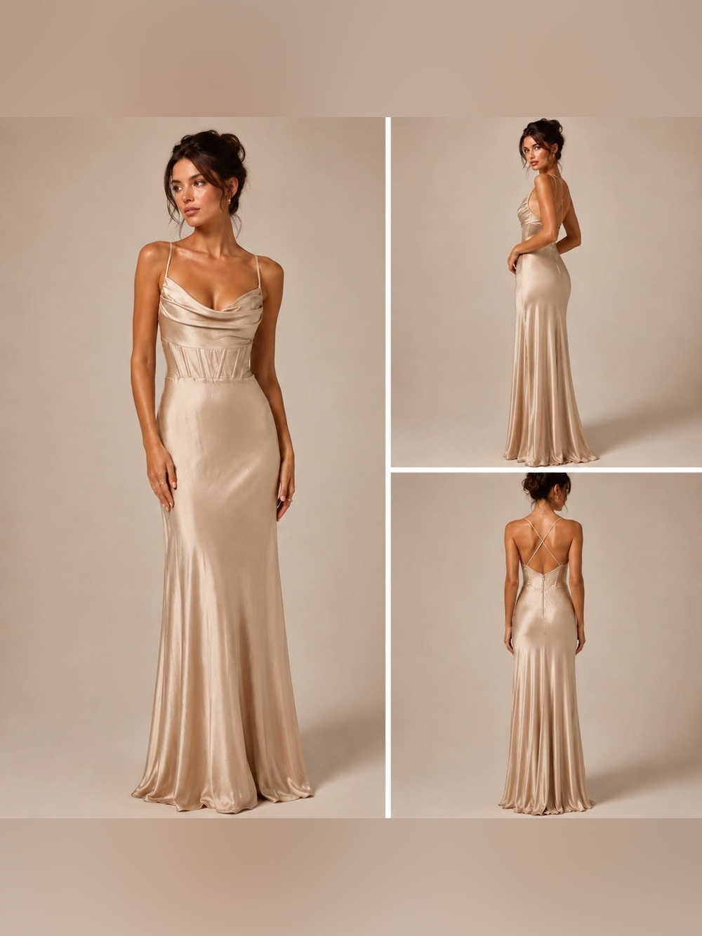 Windsor Taupe Satin Maxi Dress XS Cowl Neck Strappy Open Back Formal Gown NWT